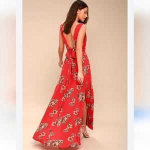 Lulus Afternoon Tea Coral Red Floral Print Tie back Maxi medium